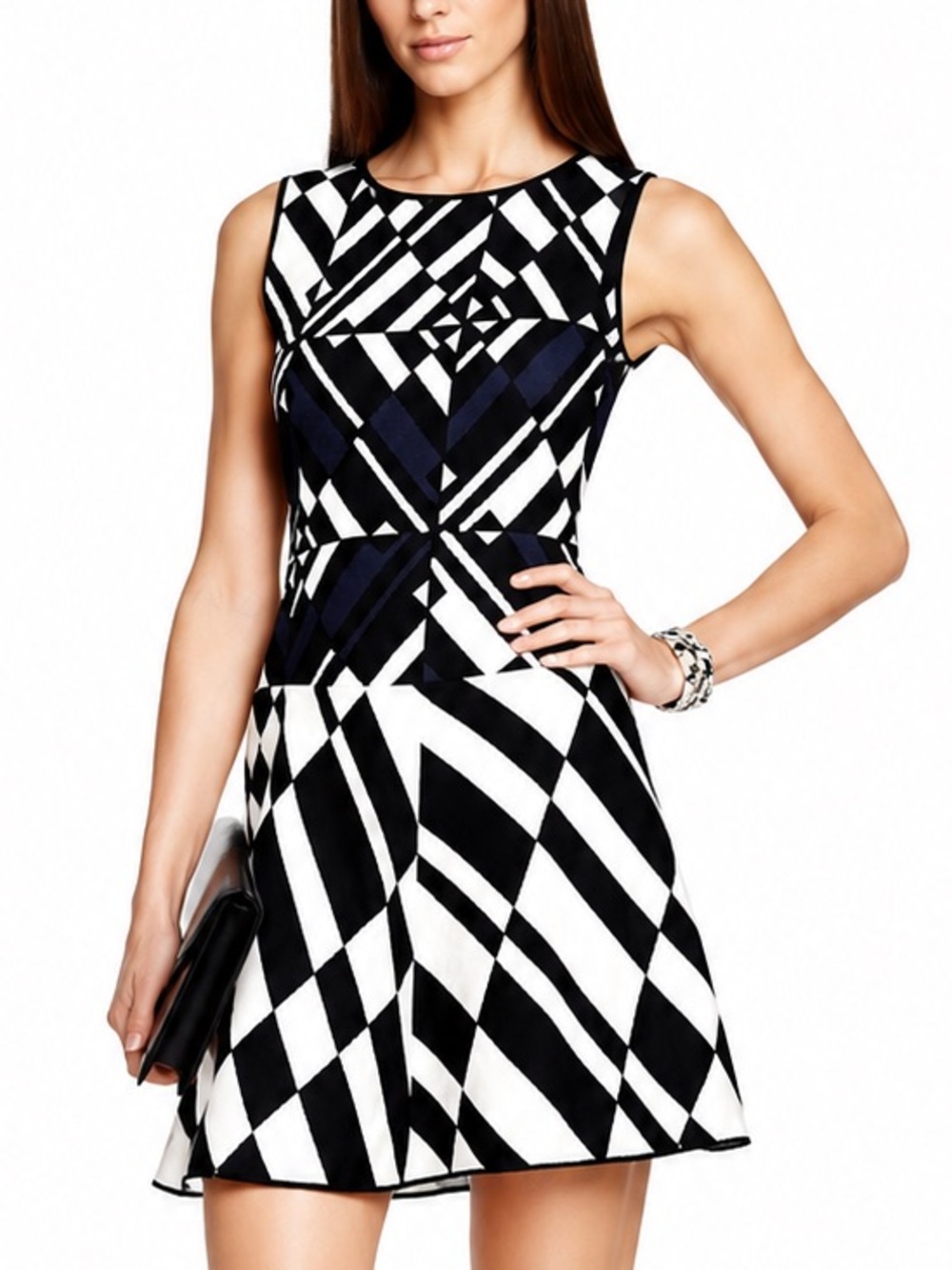 BCBGMAXAZRIA Jo Geometric Jacquard Fit & Flare Dress Black White Navy MEDIUM NEW